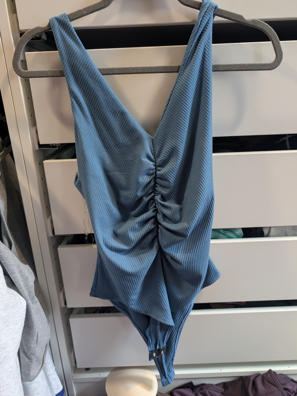 Peach Love California Ribbed V-Back One-Piece Bodysuit in Dusty Blue